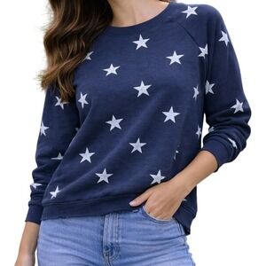 Truself Sweatshirt Womens S Navy Blue Star Print Raw Hem French Terry Pullover